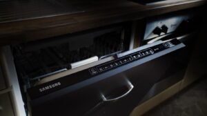 Modern built-in dishwasher installed into kitchen cabinetry, ready to be connected to the water supply