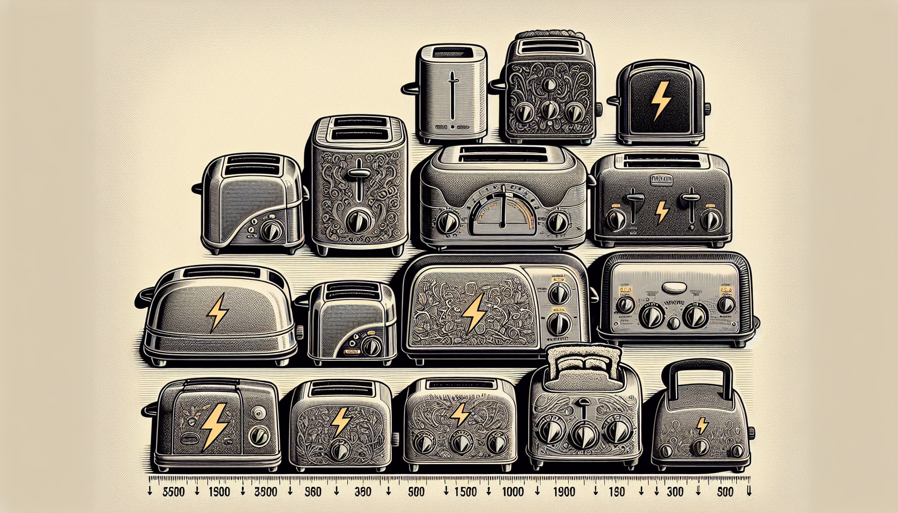 Illustration of a toaster with varying wattages