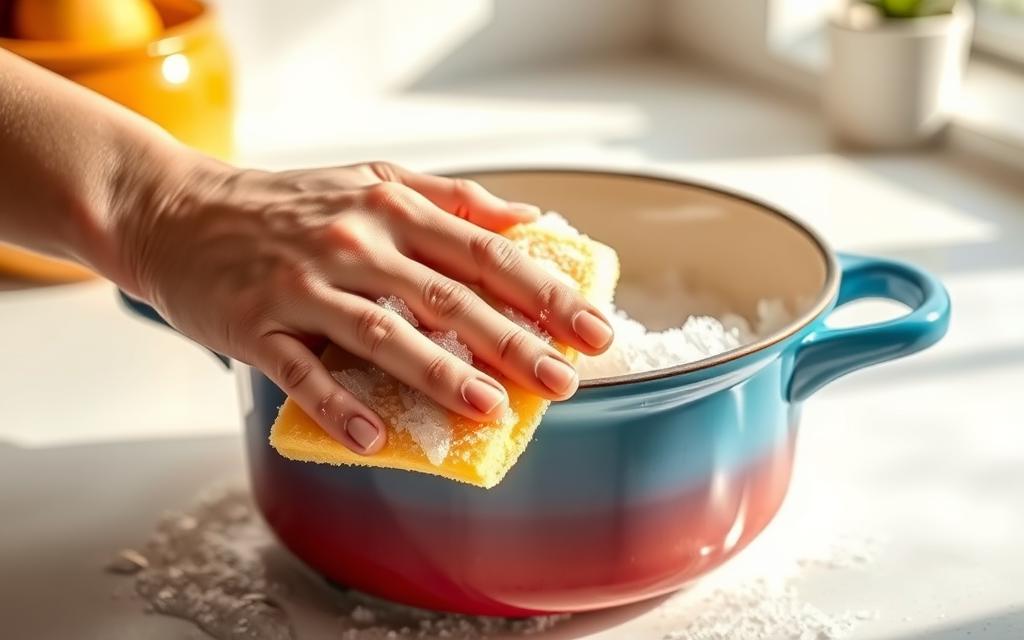 Removing stains from enameled cookware