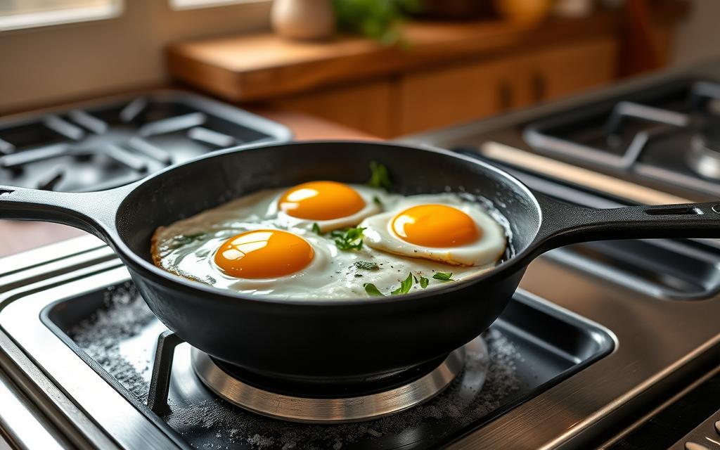 cast iron skillet with eggs