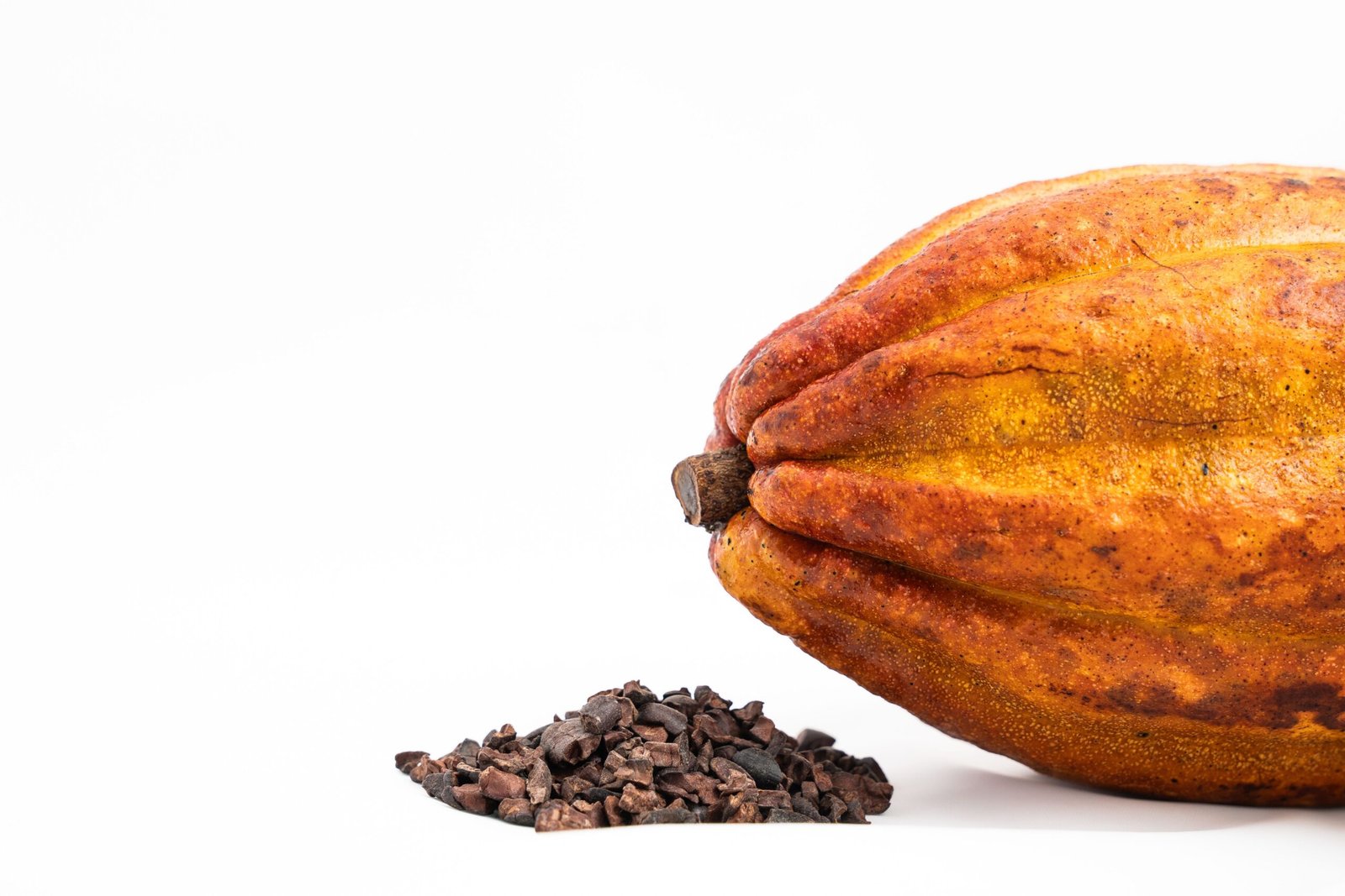 ripe cacao pod split open next to cacao nibs