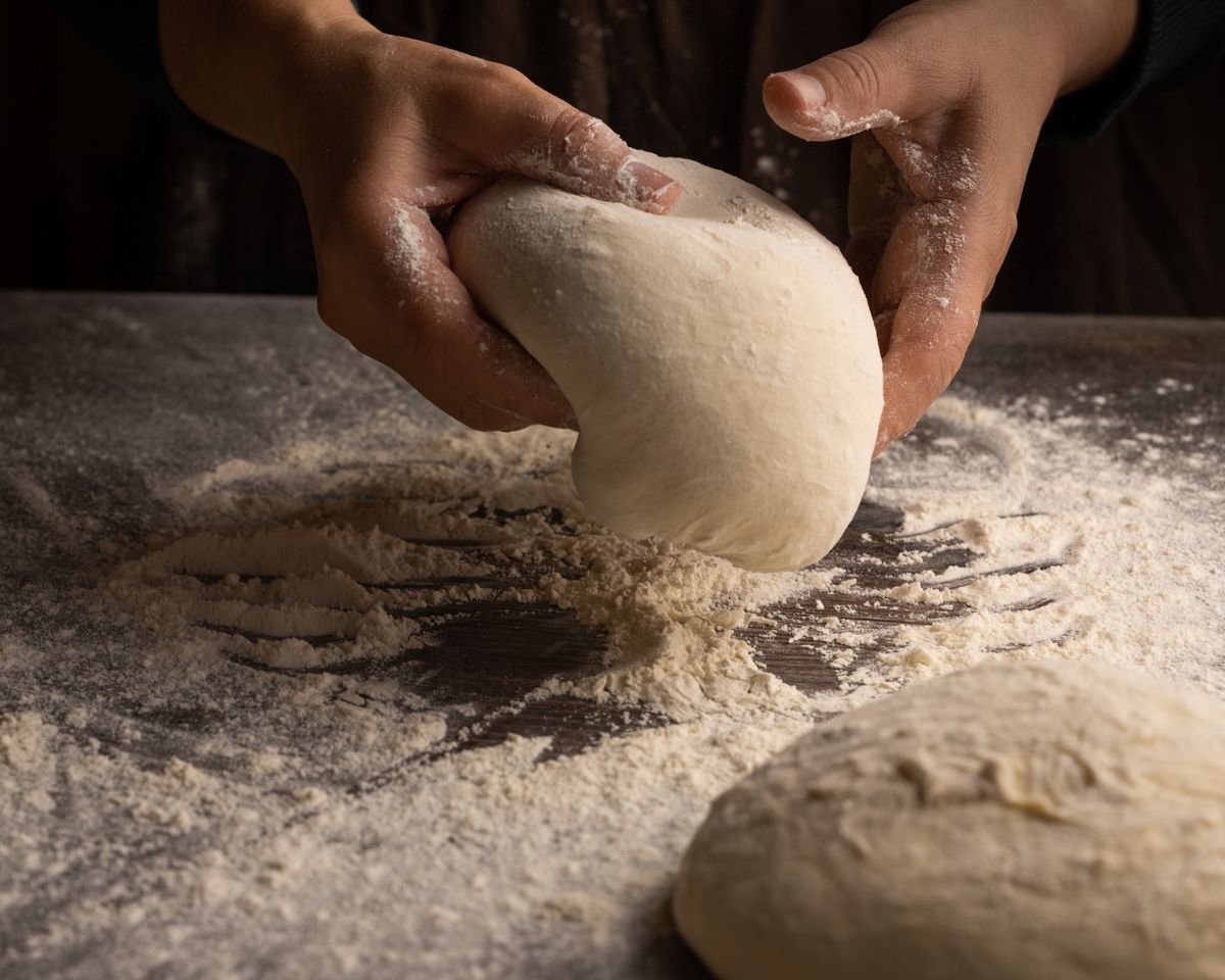Hands kneading bread dough on a floured surface for baking