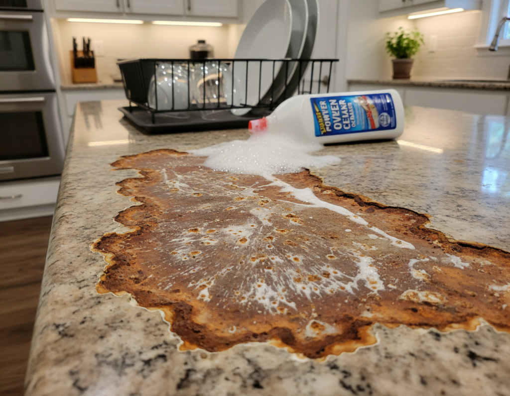 A close-up view of a kitchen countertop exhibiting corrosion and discoloration damage caused by oven cleaner exposure. The foreground features a section of the countertop with visible patches of uneven, faded colors, showing streaks of chemical burns alongside areas of rust. In the middle, the countertop is complemented by kitchen items like a dish drying rack and a bottle of oven cleaner tipped over, suggesting recent use. The background subtly includes a blurred kitchen setting with warm lighting, highlighting the contrast between the damaged countertop and the otherwise pristine environment. The mood is somber and cautionary, emphasizing the detrimental effects of harsh cleaners on surfaces. The perspective is slightly elevated, taken from a 45-degree angle to capture both depth and detail of the damage.