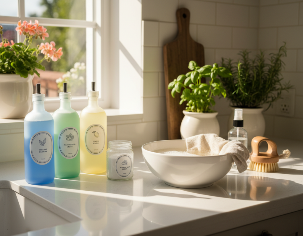 A serene kitchen countertop scene featuring an array of safe countertop cleaners and warm water cleaning solutions. In the foreground, a beautifully arranged set of eco-friendly bottles labeled with natural ingredients, such as vinegar, baking soda, and lemon, each in soft pastel colors. A clean, sparkling countertop reflects the sunlight pouring through a nearby window, casting gentle shadows. In the middle ground, a bowl filled with warm, soapy water sits next to a soft cloth, hinting at the practical use of these solutions. In the background, a cozy kitchen ambiance features subtle details like potted herbs and a cutting board, enhancing the inviting atmosphere. The lighting is warm and bright, creating a clean and cheerful mood, focusing on the effective and safe nature of the cleaning process.