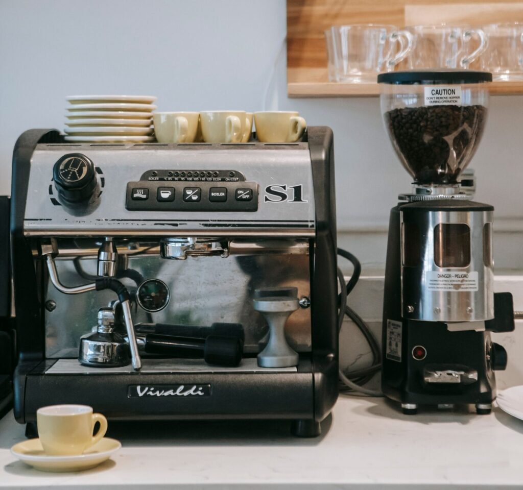 espresso machine and grinder on a modern kitchen countertop