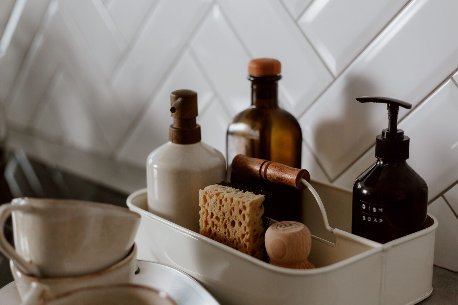 cleaning supplies used to remove turmeric stains from a kitchen counter