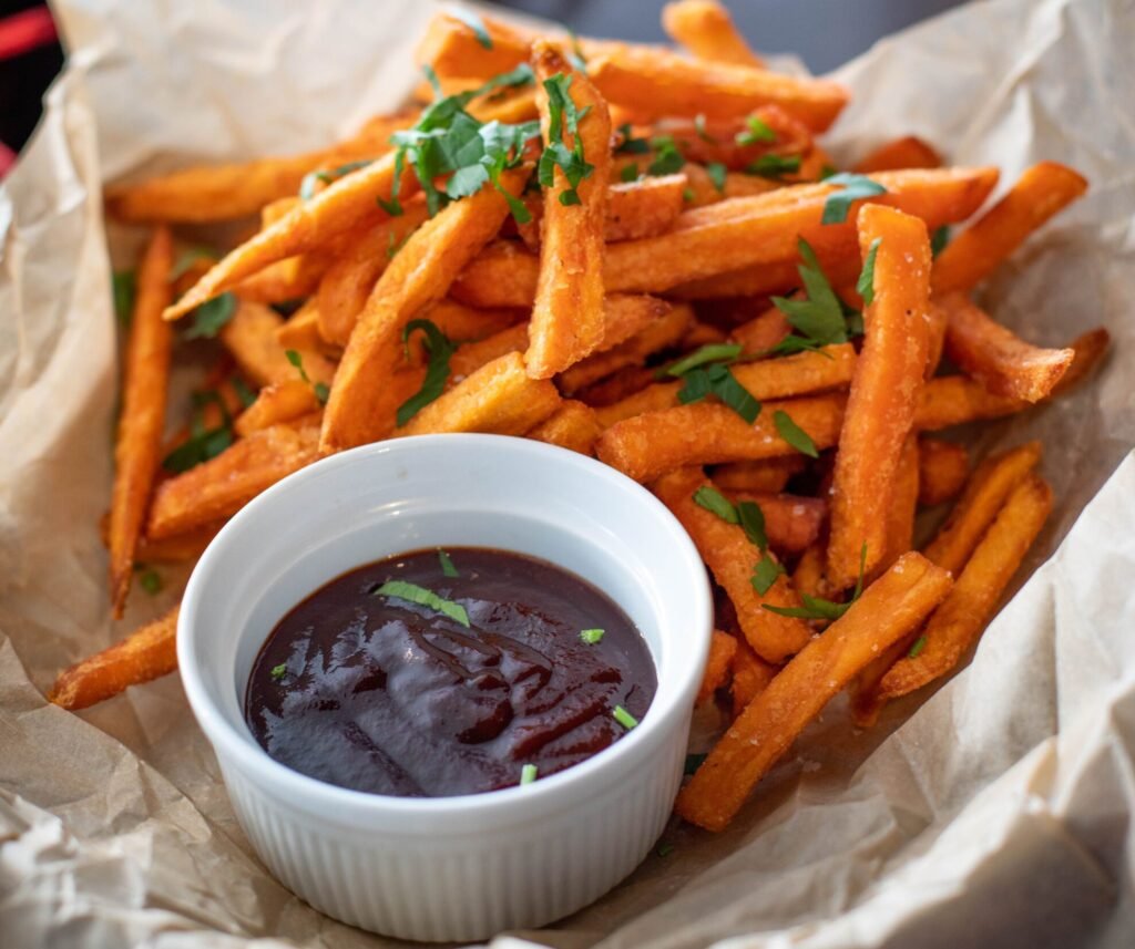 crispy golden fries served with a side of dipping sauce