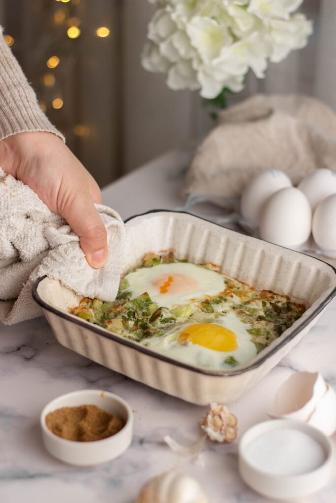 baked eggs in a toaster oven fresh from the oven
