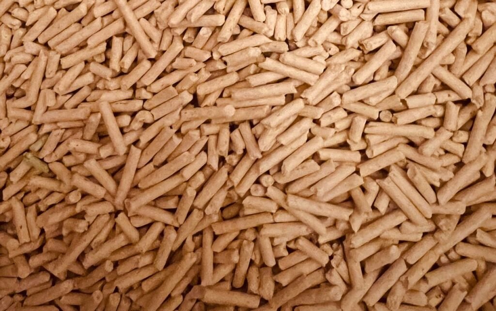 pile of compressed wood pellets, the fuel burned in a pellet stove